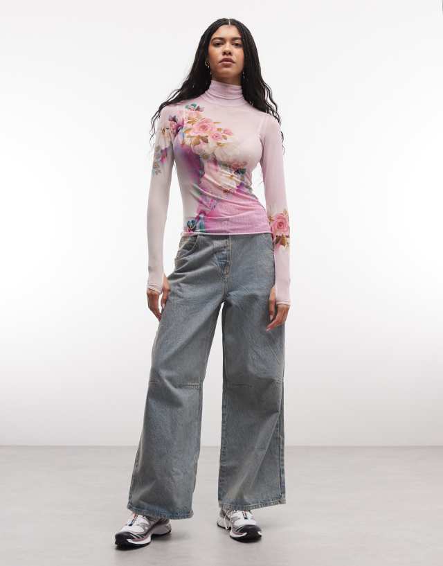 AFRM Zadie long sleeve turtleneck mesh top in pink floral | ASOS