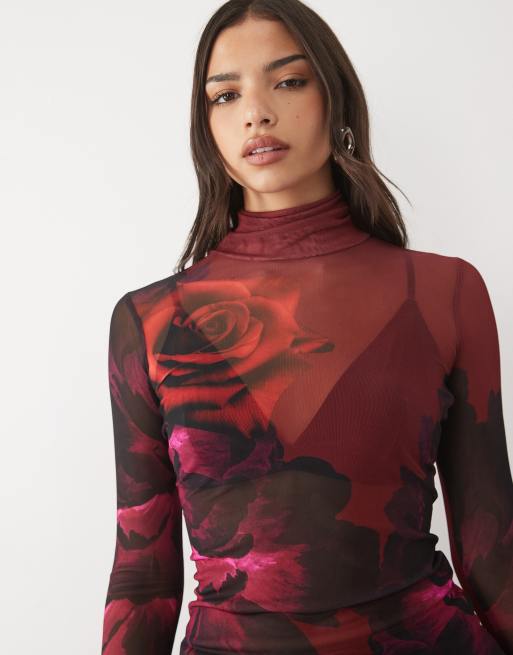 AFRM Zadie mesh high neck long sleeve lace top in burgundy floral, 3 of 4