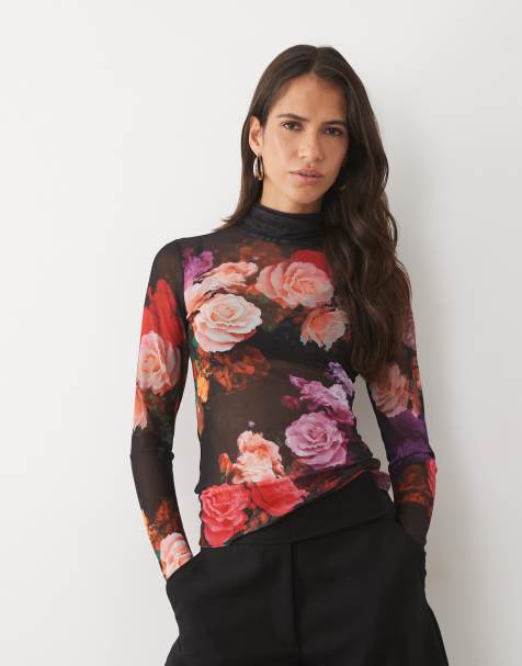 AFRM Zadie mesh high neck long sleeve top in black floral print - view 1