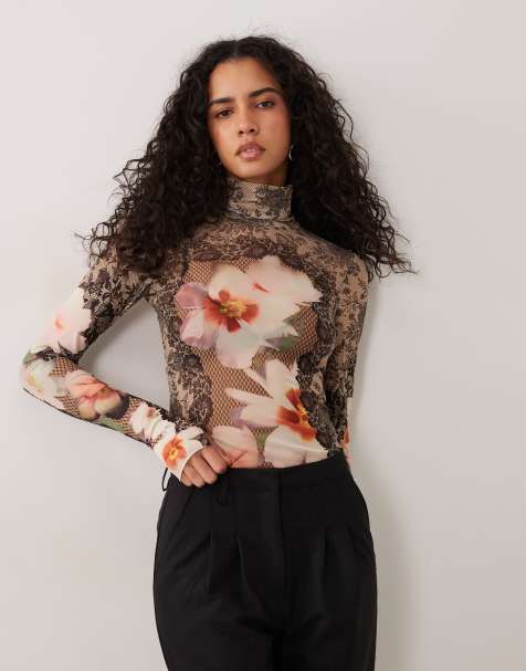 AFRM Zadie mesh high neck long sleeve top in brown floral print - view 1