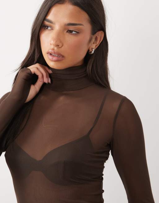 AFRM Zadie mesh high neck long sleeve top in chocolate, 3 of 4