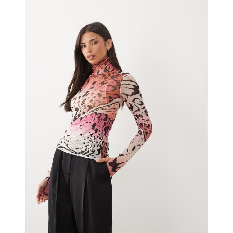AFRM Zadie mesh high neck long sleeve top in pink abstract print