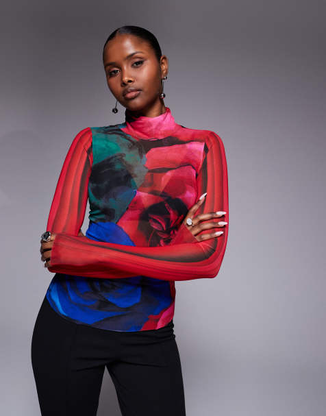 AFRM Zadie mesh high neck top co-ord in red blurred floral print