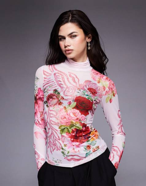 AFRM Zadie mesh roll neck top in pink floral print - view 1