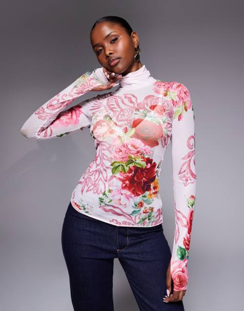 AFRM Zadie mesh roll neck top in pink floral print