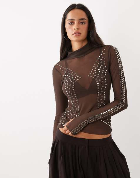 AFRM Zadie mesh top met col en lange mouwen in bruin met studs - view 1
