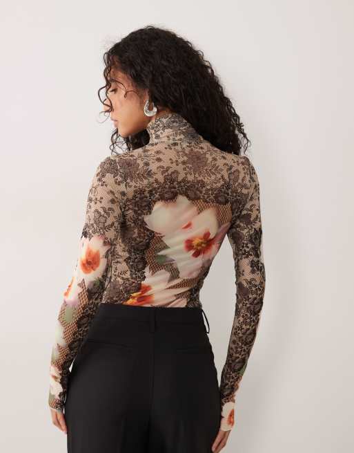 AFRM Zadie mesh topp med hög krage och långa ärmar i brun blommig print, 4 av 4