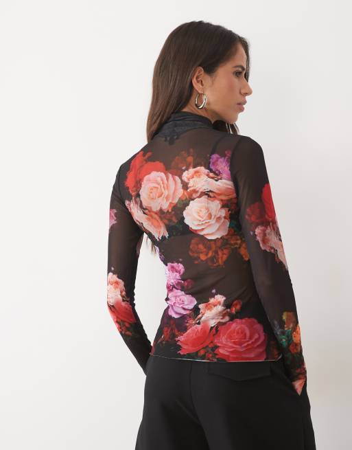 AFRM Zadie mesh topp med hög krage och långa ärmar i svart blommigt tryck, 4 av 4