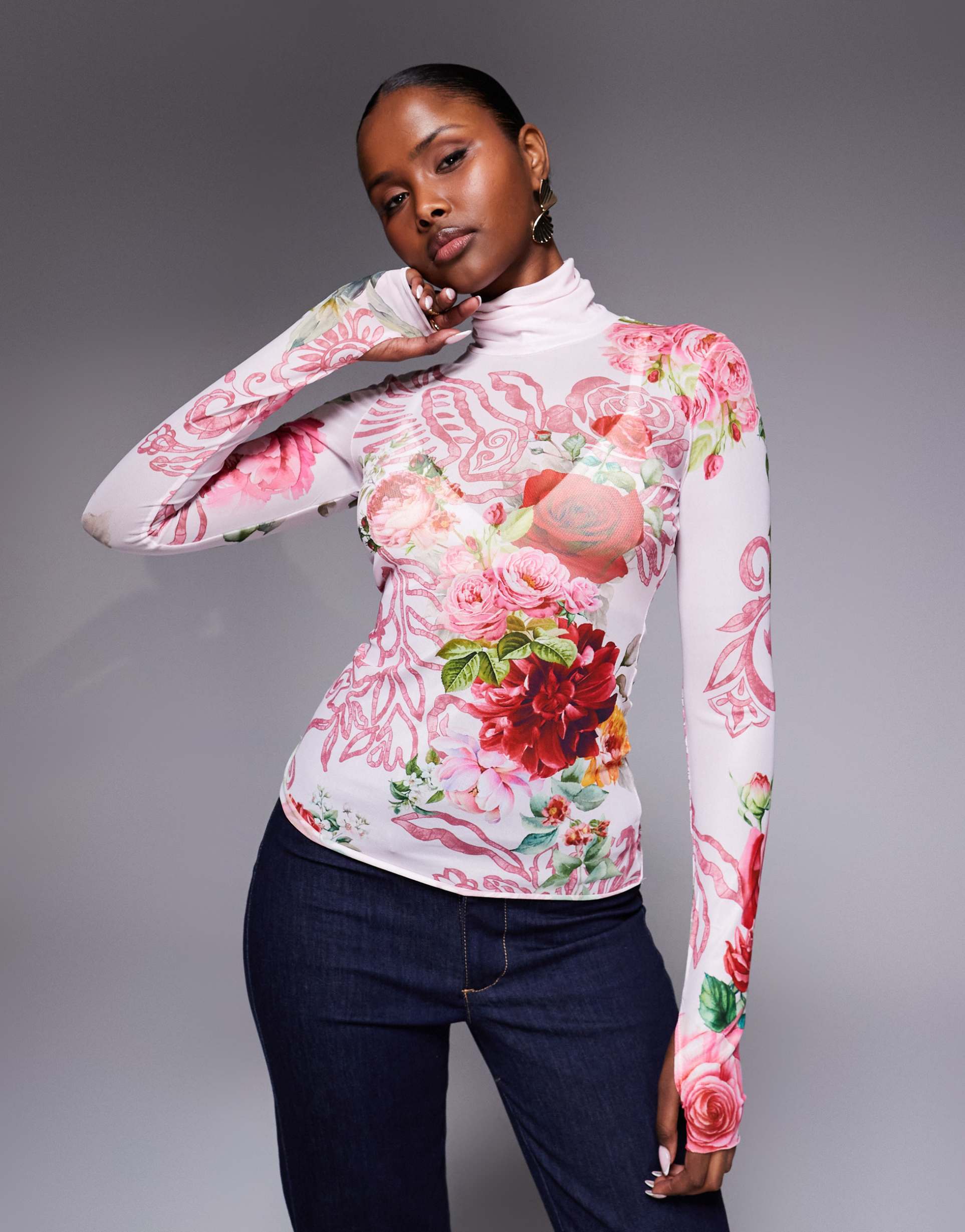 afrm zadie mesh turtle neck top in pink floral print