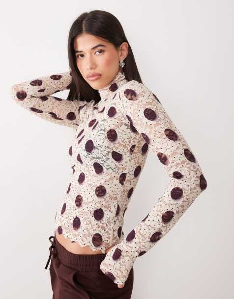 AFRM Zadie mesh turtleneck long sleeve top in brown polka dot - view 1