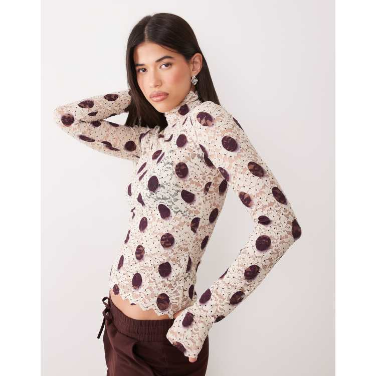 AFRM Zadie mesh turtleneck long sleeve top in brown polka dot | ASOS