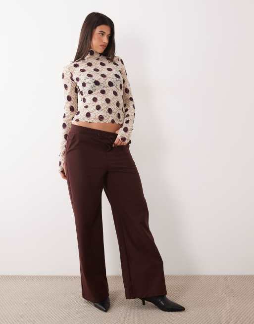 AFRM Zadie mesh turtleneck long sleeve top in brown polka dot, 2 of 4