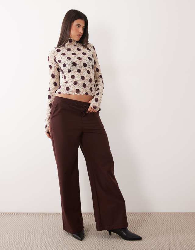 AFRM Zadie mesh turtleneck long sleeve top in brown polka dot | ASOS