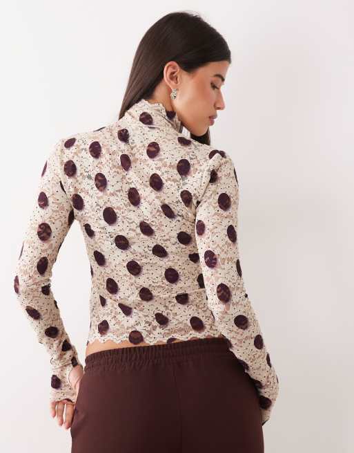 AFRM Zadie mesh turtleneck long sleeve top in brown polka dot, 4 of 4