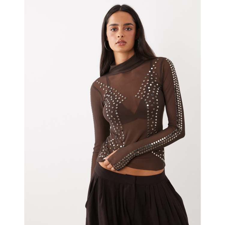 AFRM Zadie mesh turtleneck long sleeve top in brown studded | ASOS