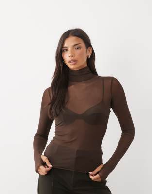 Afrm Zadie Mesh Turtleneck Long Sleeve Top In Brown