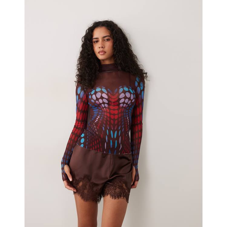 AFRM Zadie mesh turtleneck long sleeve top in ruby dot print | ASOS