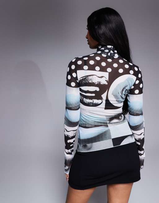AFRM zadie mock neck long sleeve top in mono pop art print