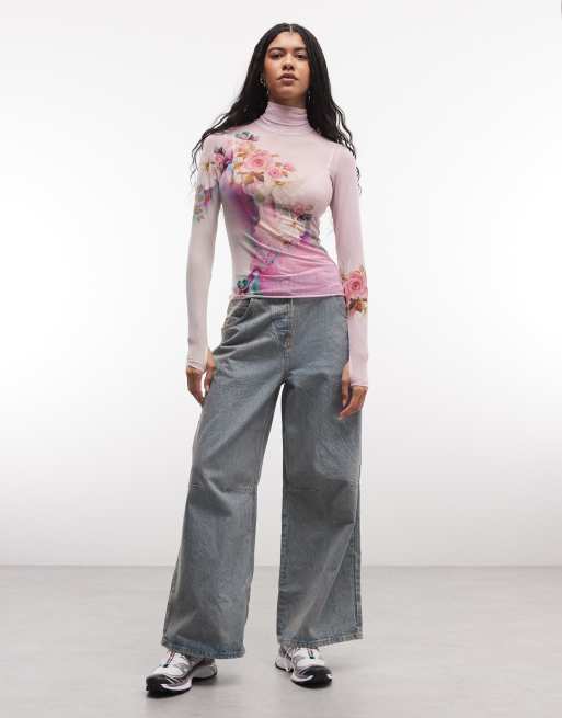 AFRM - Zadie - Top dolcevita a maniche lunghe in rete rosa a fiori, 2 di 4
