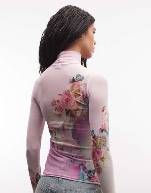 AFRM - Zadie - Top dolcevita a maniche lunghe in rete rosa a fiori, 4 di 4