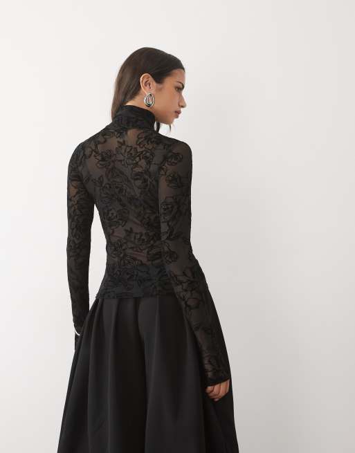 AFRM Zadie top in pizzo e mesh floccato a maniche lunghe nero, 4 di 4