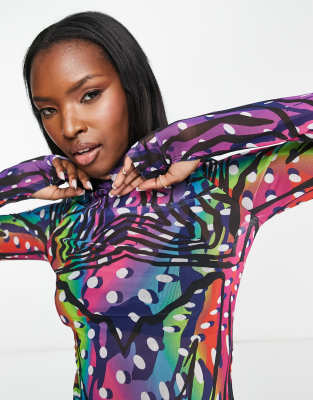AFRM Zadie turtleneck graphic long sleeve mesh top in multi | ASOS