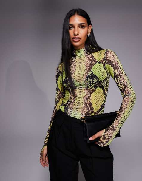 AFRM Zadie turtleneck long sleeve mesh top in lime snake - view 1