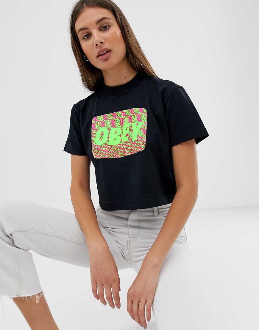 Afslappet kort T-shirt med neonfarvet brystlogo fra Obey-Sort