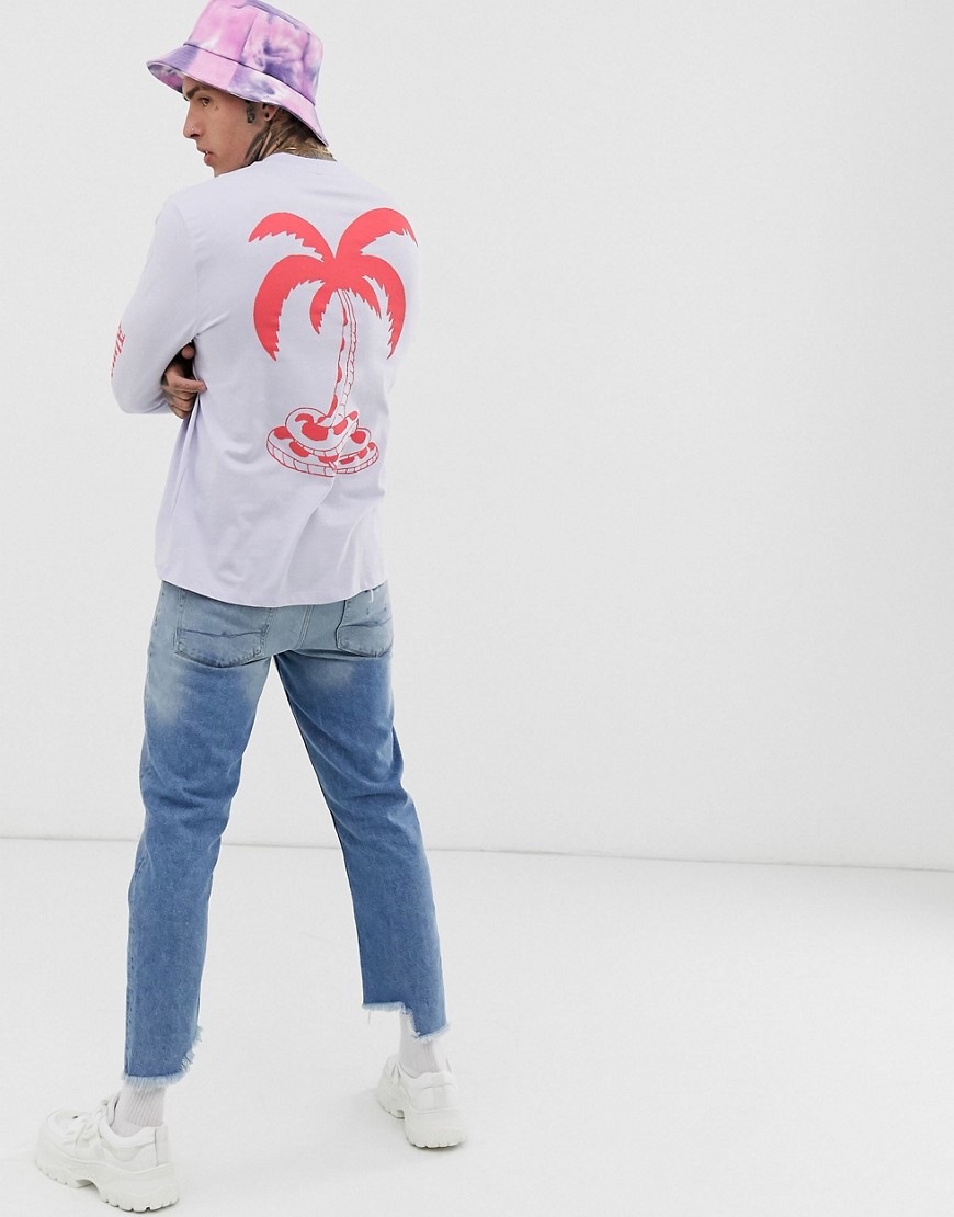 Afslappet langærmet T-shirt med palmetræ på ryggen og print på ærmerne fra ASOS DESIGN-Lilla