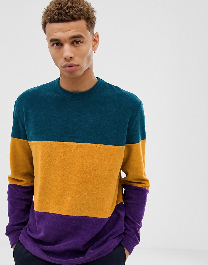 Afslappet longline langærmet frotté t-shirt med  farveblok fra ASOS DESIGN-Multifarvet