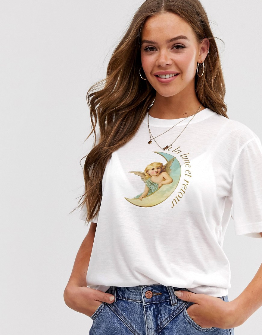Afslappet T-shirt med månegrafik fra Neon Rose-Hvid