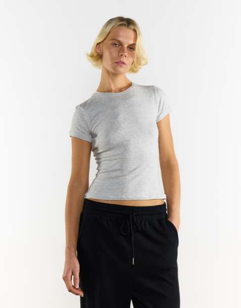 Agon Crew neck crop top in light grey marl