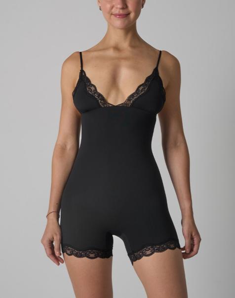 Agon Lace trim deep v-neck cami bodysuit in black - view 1