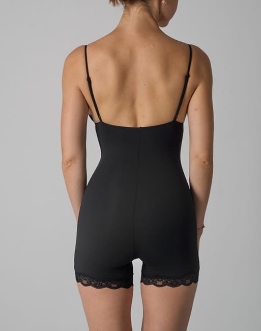 Agon Lace trim deep v-neck cami bodysuit in black, 3 of 3