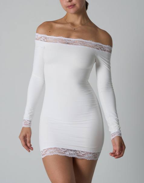 Agon Lace trim off-shoulder slip dress in white - view 1