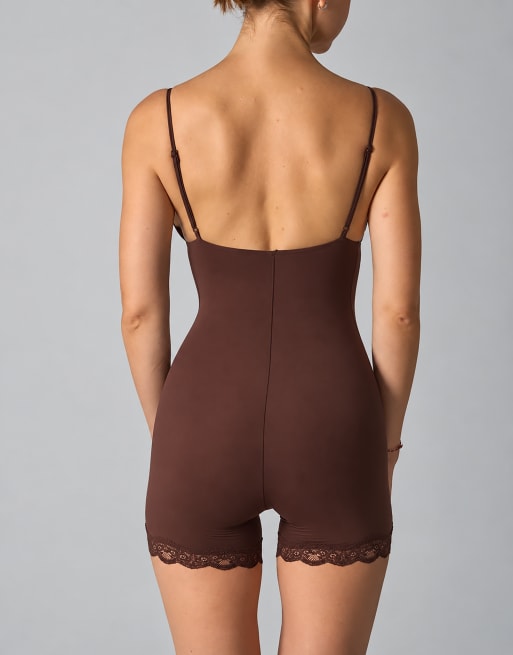 Agon Lace-trimmed deep v sculpting bodysuit in brown, 2 of 3