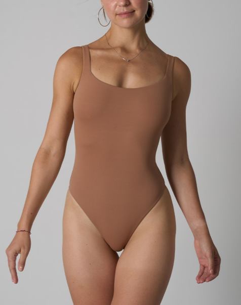 Agon Scoop neck bodysuit in tan - view 1