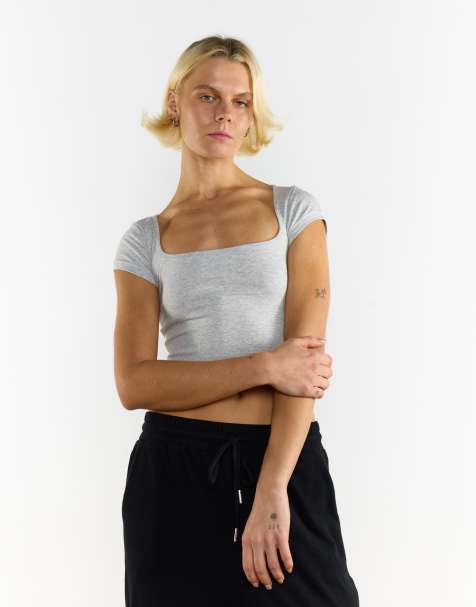 Agon Scoop neck crop top in grey marl - view 1