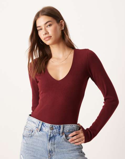 Agon Scoop neck long sleeve bodysuit in deep red - view 1