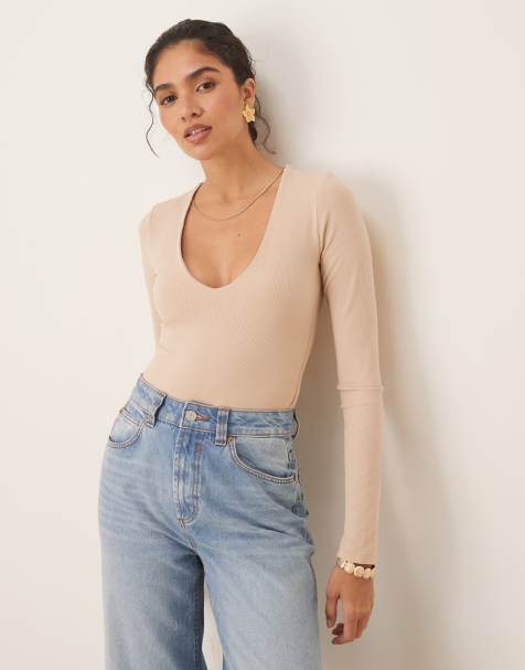 Agon Scoop neck long sleeve bodysuit in stone