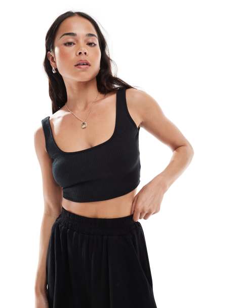 Agon Square neck crop top in black rib - view 1