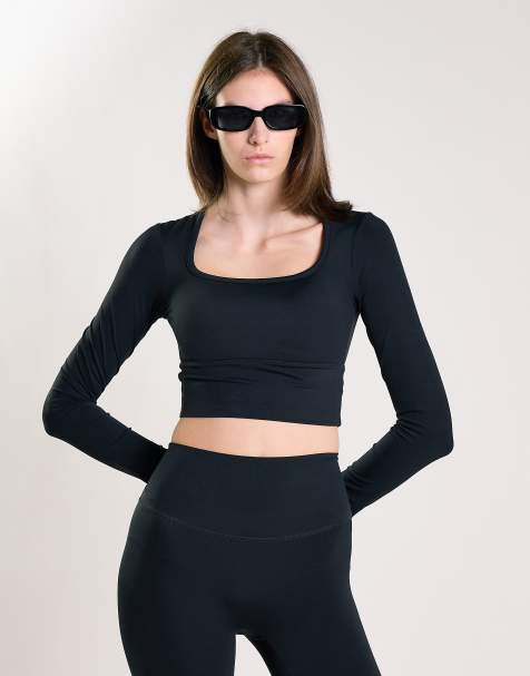 Agon Square neck long sleeve crop top in black