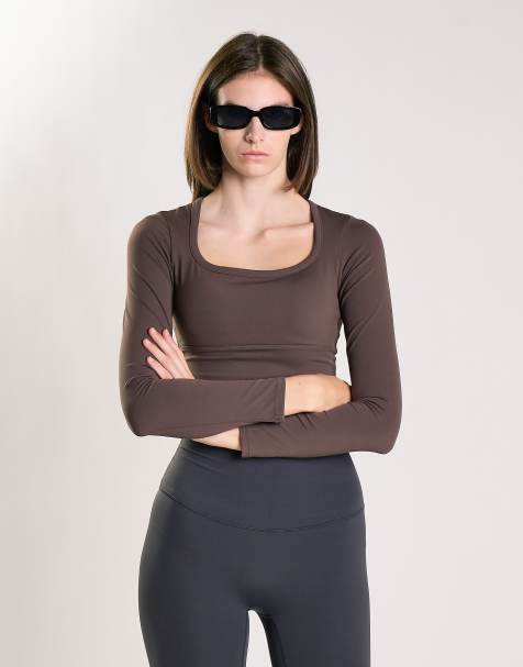 Agon Square neck long sleeve crop top in brown - view 1