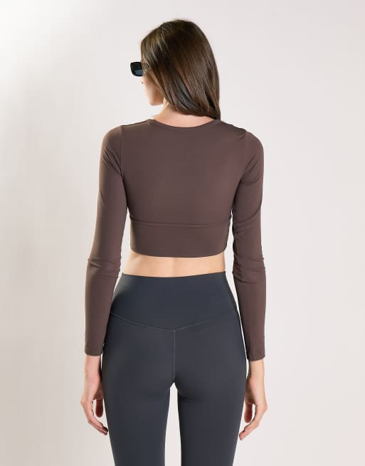 Agon Square neck long sleeve crop top in brown, 2 of 4
