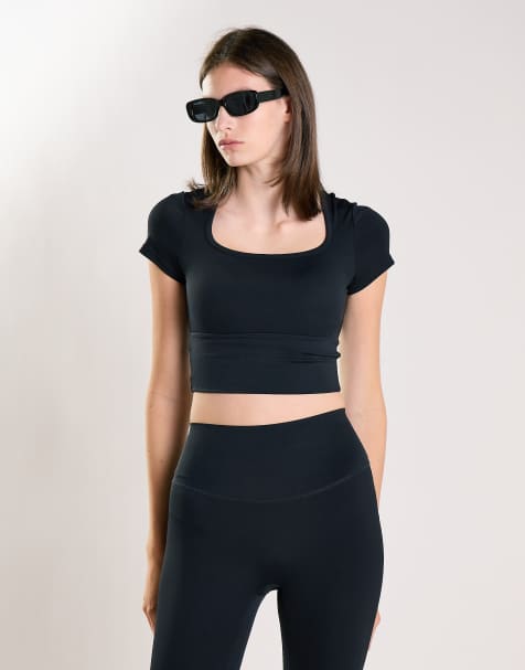 Agon Square neck short sleeve crop top in black - view 1