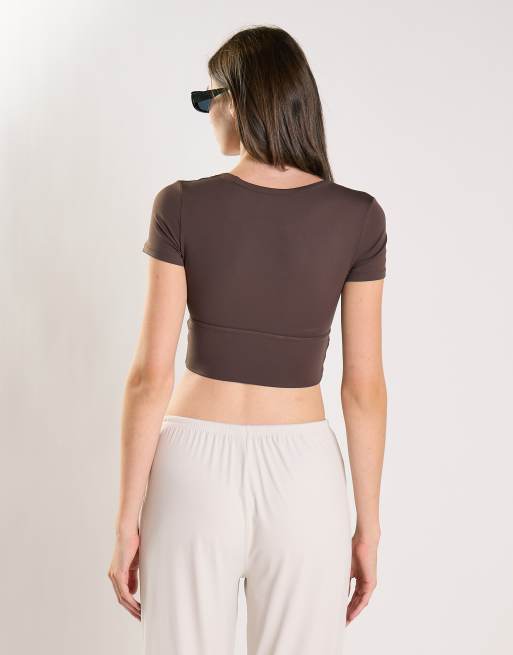 Agon Square neck short sleeve crop top in brown, 2 of 4
