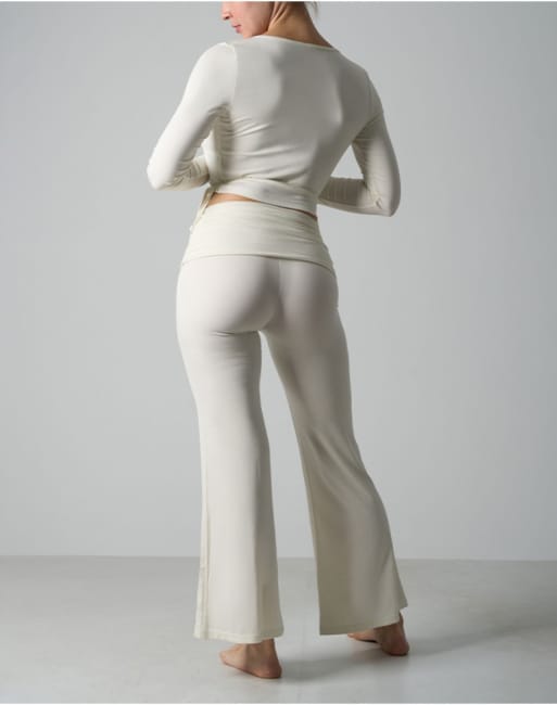 Agon Wrap long sleeve top & flare legging lounge set in cream, 3 of 3