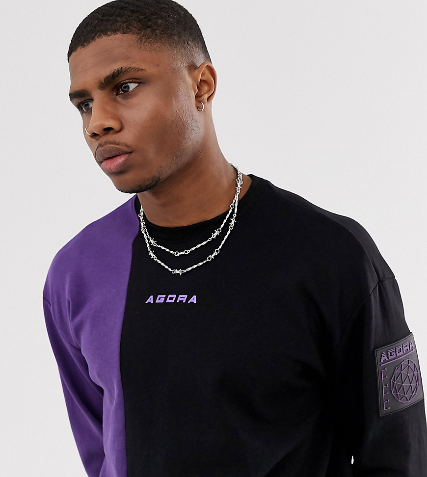 Agora – Långärmad t-shirt med kontrastpanel och funktionell ficka-Svart