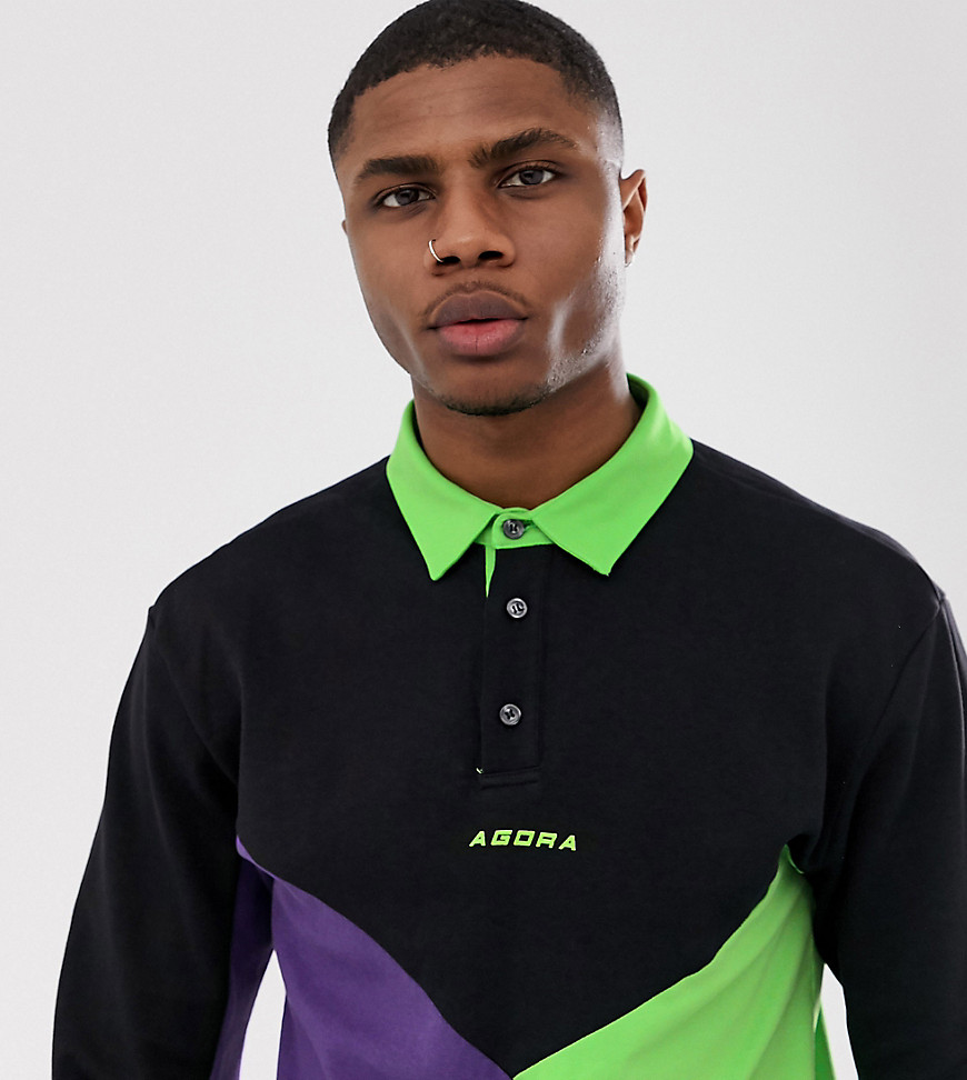 Agora rugby polo shirt with contrast panelling-Black