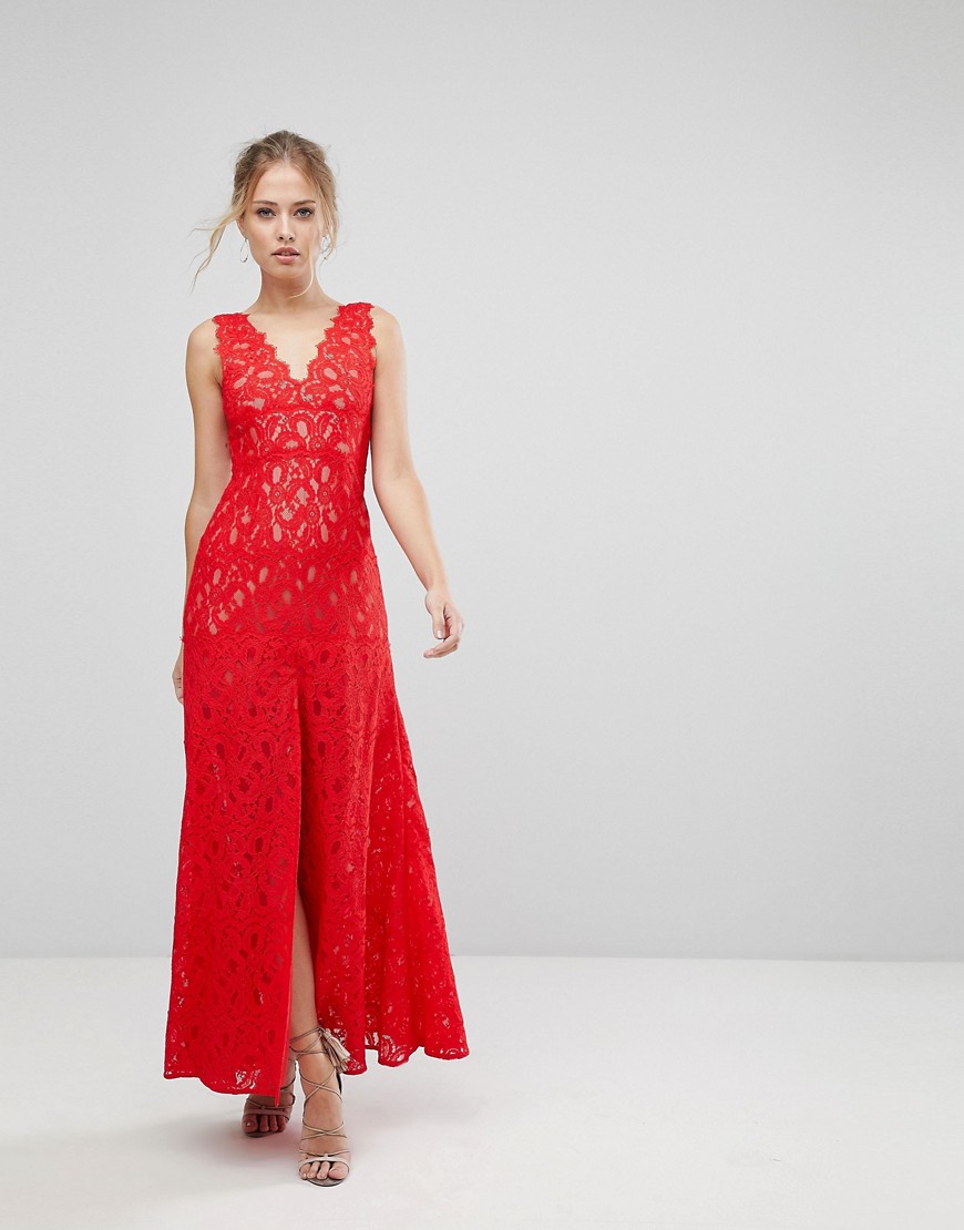 Aijek - Lange jurk van geschulpt kant met split aan de voorkant-Rood